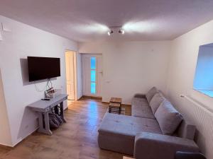 a living room with a couch and a flat screen tv at AGRO house LIKA in Gospić