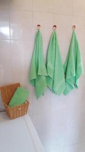 a bathroom with green towels hanging on a wall at Apartment Mia in Rijeka +14 photos