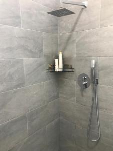 une salle de bain avec une douche avec pommeau de douche dans l'établissement Home Inn Apartaments Tirana, à Tirana