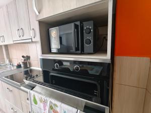 La cocina está equipada con microondas y fogones. en Emily Apartment, en Alba Iulia