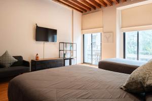 a bedroom with a bed and a couch and a tv at 104 Location 2Bdrm 2bath AC apt Fits 8 Rooftop in Mexico City