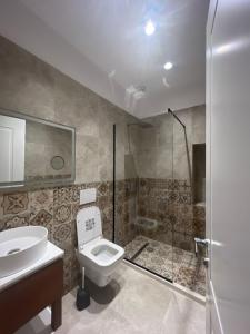 a bathroom with a toilet and a sink and a shower at Xha Llukani in Berat
