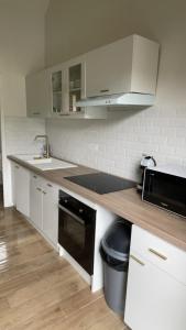 a kitchen with white cabinets and a sink and a dishwasher at La jungle in Saint-Nicolas-dʼAliermont +2 photos