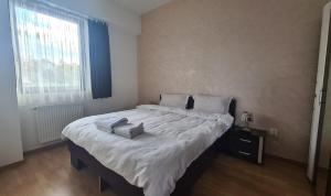 a bedroom with a large bed with towels on it at Perfect Stay in Sibiu