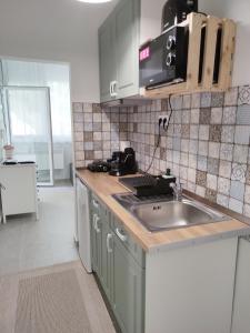 a kitchen with a sink and a microwave at Erdei Apartman Hajdúszoboszló in Hajdúszoboszló