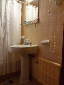 a bathroom with a sink and a shower with a mirror at Posada de la Flor in San Carlos de Bariloche