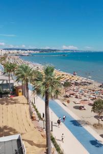 Una vista de una playa con palmeras y el océano. en Villa Cimi Subashi Seaside Boutique Hotel, en Durrës