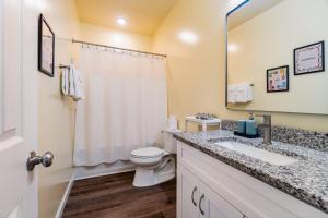 a bathroom with a toilet and a sink and a mirror at Family-Friendly 3BR w Hot Tub Games in Charlotte +32 photos