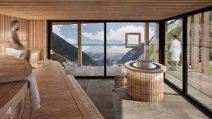 ein Wohnzimmer mit Bergblick in der Unterkunft Hotel Kirchenwirt in Kaunertal