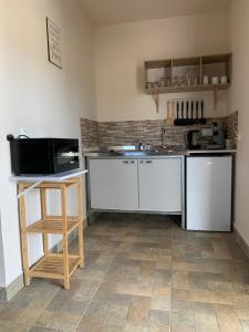 a kitchen with a sink and a microwave at Apartments & Wellness Diva in Barber