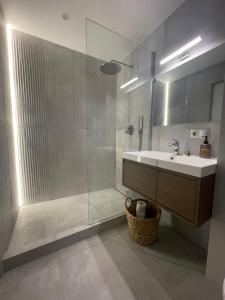 a bathroom with a sink and a shower at Apartment Parko in Molėtai