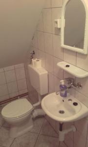 a white bathroom with a toilet and a sink at House Luketić in Rastovača