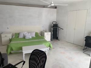 a bedroom with a green bed and two chairs at Casa sola con alberca y vista al lago in Cedro +11 photos