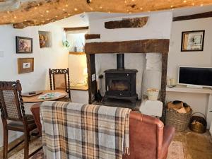a living room with a fireplace and a table and a couch at Beebole Cottage in Askrigg