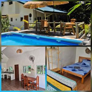 two pictures of a house with a swimming pool at Amazing Ocean View Treehouse & Pool in Puerto Princesa City