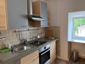 a kitchen with a sink and a stove at Ferienwohnung am Saaleknie in Rudolstadt