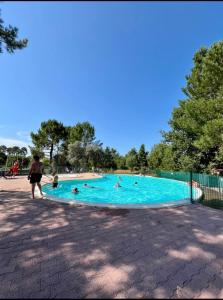 a group of people swimming in a swimming pool at Petite maison dans les Landes in Saint-Julien-en-Born