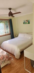 ゴールドコーストにあるHomestay on the hill 3の天井ファン付きの大きなベッドのある寝室