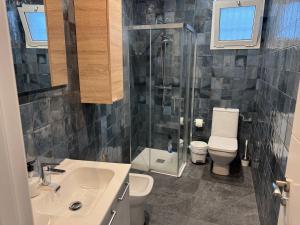 a bathroom with a shower and a toilet and a sink at FastLatin Home Sevilla in Seville