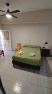 a bedroom with a green bed and a ceiling fan at Los Horneros in Villa Cura Brochero