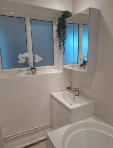 a white bathroom with a sink and a mirror at Three Bedroom Apartment in Brighton & Hove