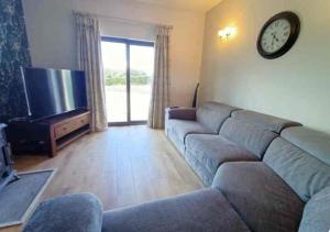 a living room with a couch and a tv at Orchard Brooke Cottage in Downpatrick