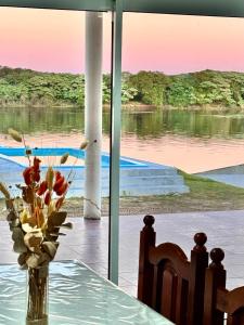 a vase of flowers on a table with a view at Esquina Lodge in Esquina