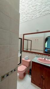 a bathroom with a pink toilet and a sink at Finca Villa Tere in Fusagasuga