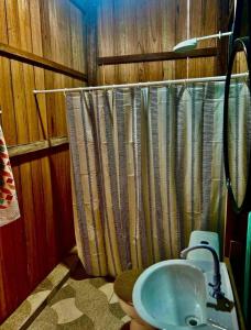 a bathroom with a sink and a shower curtain at Recanto Paraiso Tropical- Praia Ajuruteua in Bragança