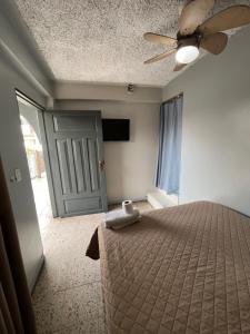 La EntradaにあるHotel Centralのベッドルーム1室(ベッド1台、天井ファン、ドア付)