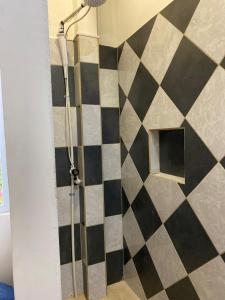 eine Dusche im Bad mit schwarzen und weißen Fliesen in der Unterkunft Hiking San Juan in Cataltzul + 42 Fotos