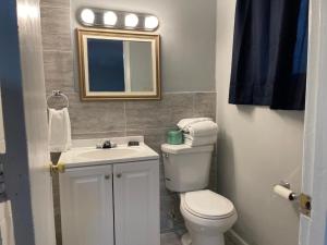 a bathroom with a toilet and a sink and a mirror at Superlodge in Dover +15 photos