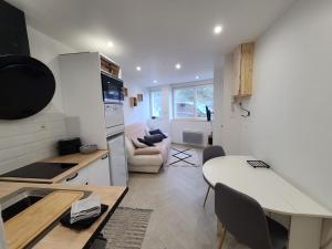 a kitchen and living room with a table and a dining room at Appartement cosy en centre-ville d'Épinal pour 2 personnes - FR-1-589-835 in Épinal