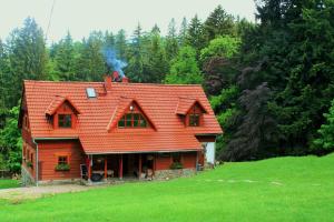 una casa con techo rojo en un campo verde en Wysoka 5 en Szklarska Poręba