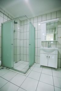 トラブゾンにあるBayramoglu Airport Apartのバスルーム(ガラス張りのシャワー、シンク付)