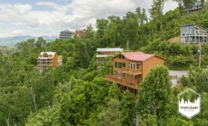 a wooden house in the middle of a forest at Eagles View 2.0 - Gorgeous Mountain Views, Hot Tub, Pool Table, + Games! in Gatlinburg