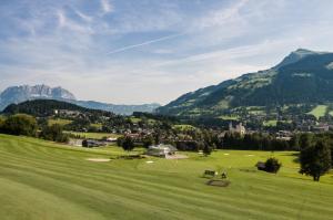 a green field with mountains in the background at Apartment Sunnyside Premium by Alpine Host Helpers in Kirchberg in Tirol