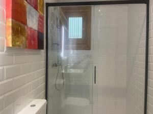 a bathroom with a glass shower with a toilet at Des Artistes in Barcelona +32 photos