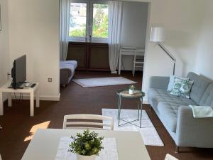 a living room with a couch and a tv at Messewohnung Düsseldorf in Düsseldorf