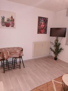 a living room with a table and a television at Les Floralies in La Tour-du-Pin