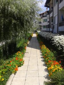 un trottoir fleuri à côté d'un bâtiment dans l'établissement Caprice Apartment in Lozenec, à Kiten