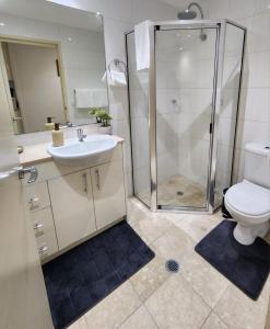 a bathroom with a shower and a toilet and a sink at Apartment with Balcony near ICC On Dixon street in Sydney +6 photos