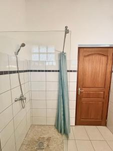 a shower with a blue shower curtain in a bathroom at Magnifique Villa avec terrasse et jardin XXL in Sainte-Anne +18 photos