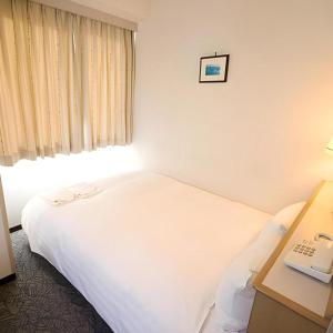 a hotel room with a bed and a desk with a phone at Hotel Park Inn Toyama in Toyama