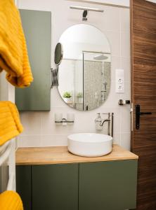 een badkamer met een wastafel en een spiegel bij Balance Apartman Debrecen in Debrecen