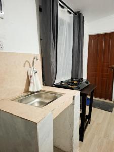 a kitchen with a sink and a stove at Maasai Boma Place - Studio Apartment in Juja