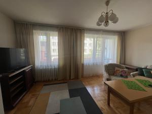 a living room with a couch and a tv at Przytulne mieszkanie m3 Gorlice in Gorlice