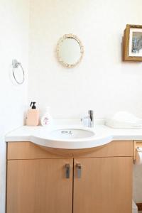 a bathroom with a sink and a mirror at 稲穂ゆれる風景と和の趣を味わう 一棟貸し いな穂の宿 和ひかり  +40 photos