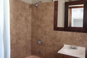 a bathroom with a shower with a sink and a mirror at Motel 101 in Gold Beach