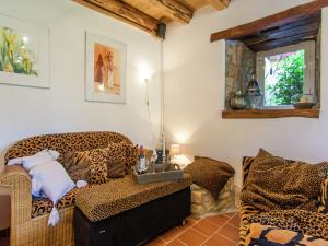 a living room with a leopard print couch and a sink at Romantic cottage with shared swimming pool in Roussines +98 photos